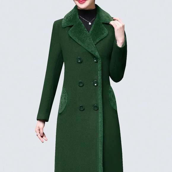Green Casual Women's Stylish Double-Breasted Notched Lapel Midi Pea Coat - Picture 4 of 5